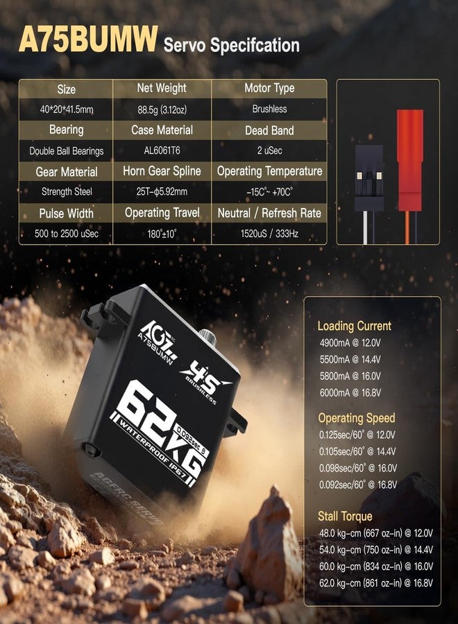 AGFRC 62KG Waterproof Steering-Servo-Motor High-Torque - 16.8V Full Metal Gear Brushless Digital RC Servo for 1/10 1/8 RC Car, Control Angle 180° (A75BUMW) - Image 2